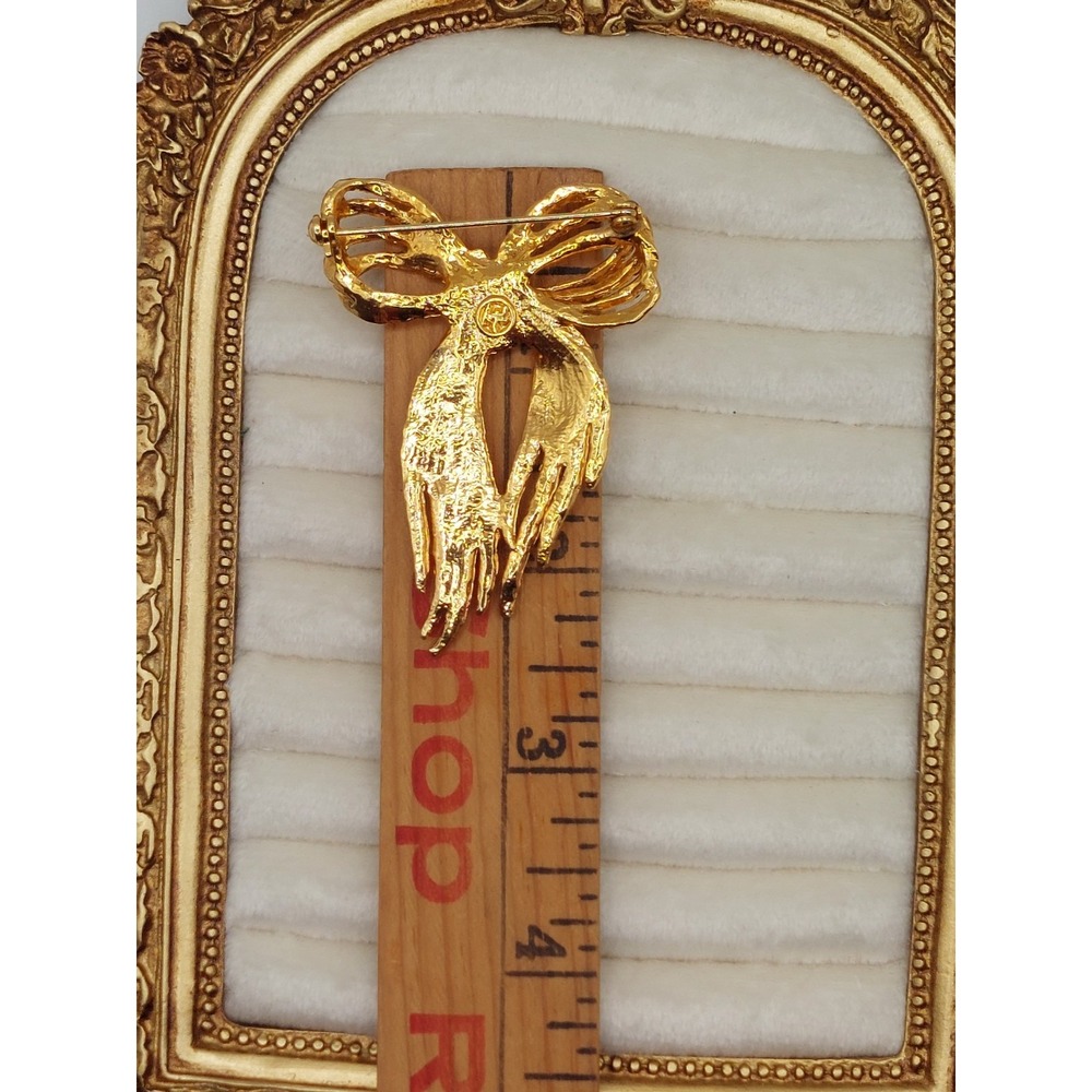 Vintage Brooch Signed Angel Gold Textured Ribbon Bow Pin Coquette Romantic 1980s - Picture 9 of 11